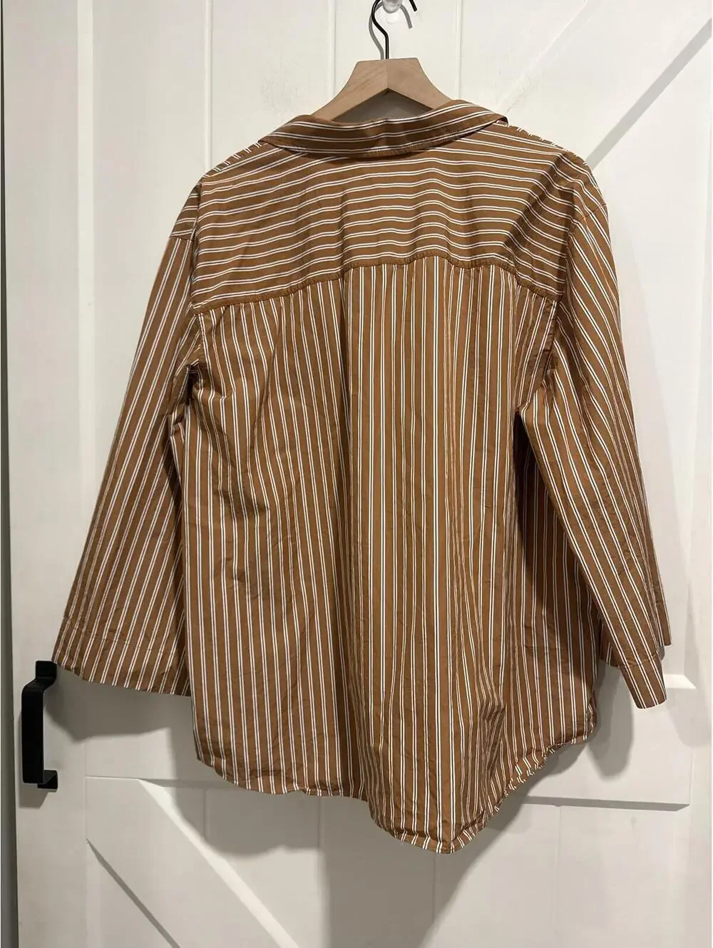 Lafayette 148 New York Brown, White & Black Striped Cotton Collared V-Neck Shirt - Picture 5 of 5